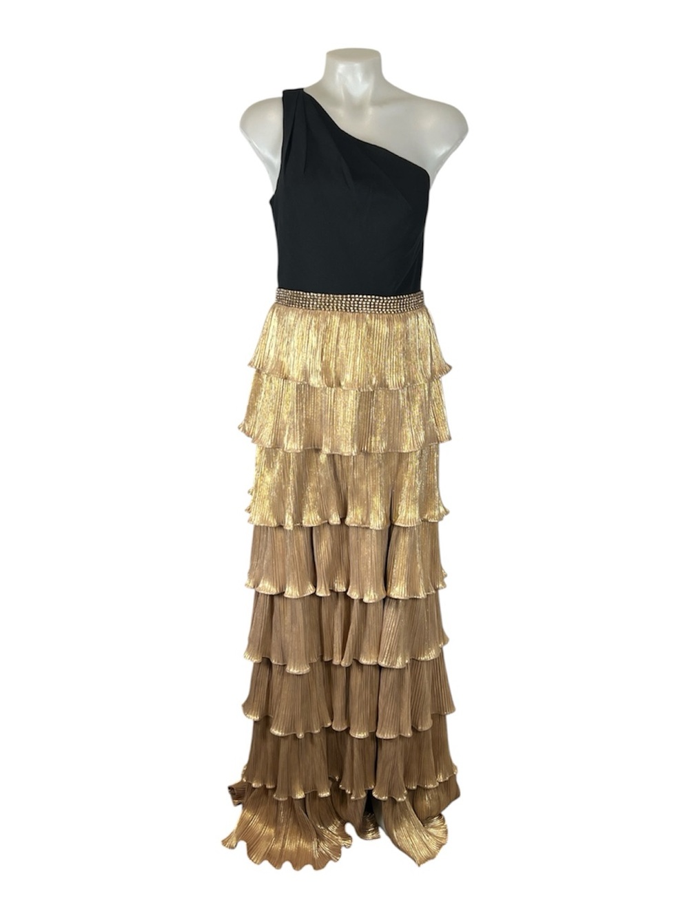 Mac Duggal Ieena black gold metallic one shoulder ruffle tierd gown 8 - Picture 2 of 11